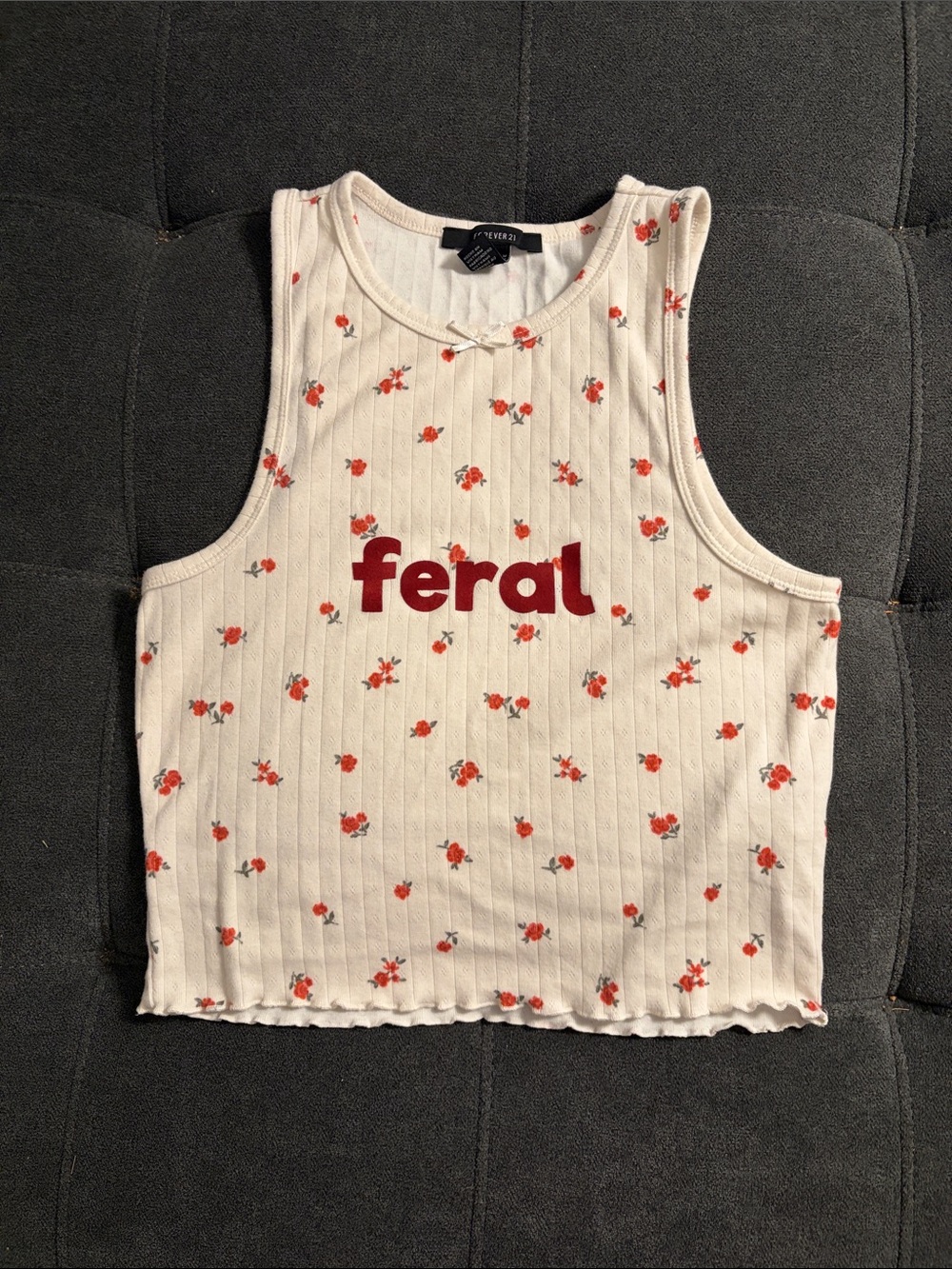Forever 21 Cream Ribbed Crop Tank with Red Floral Print and 'feral' Logo